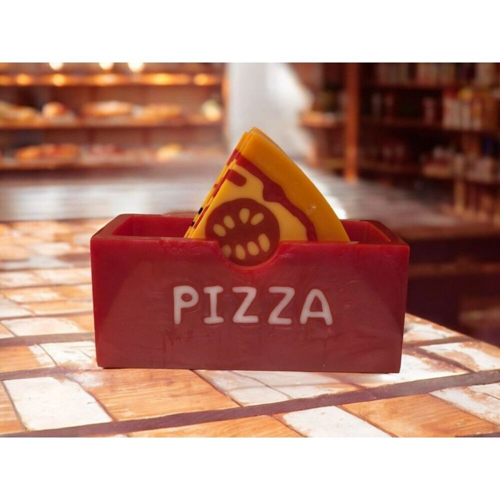 New Set Of 6 Lucite Red / Orange Pizza Slice Coasters W/ Pizza Box Holder
